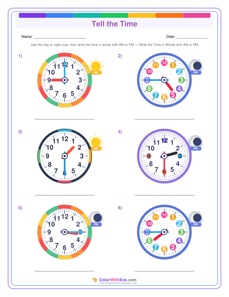 Telling Time: AM and PM in Words (Set 3) preview