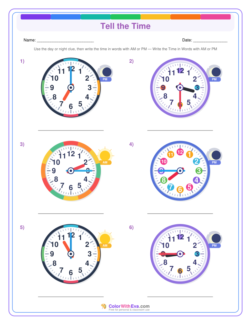 Telling Time: AM and PM in Words (Set 4) preview