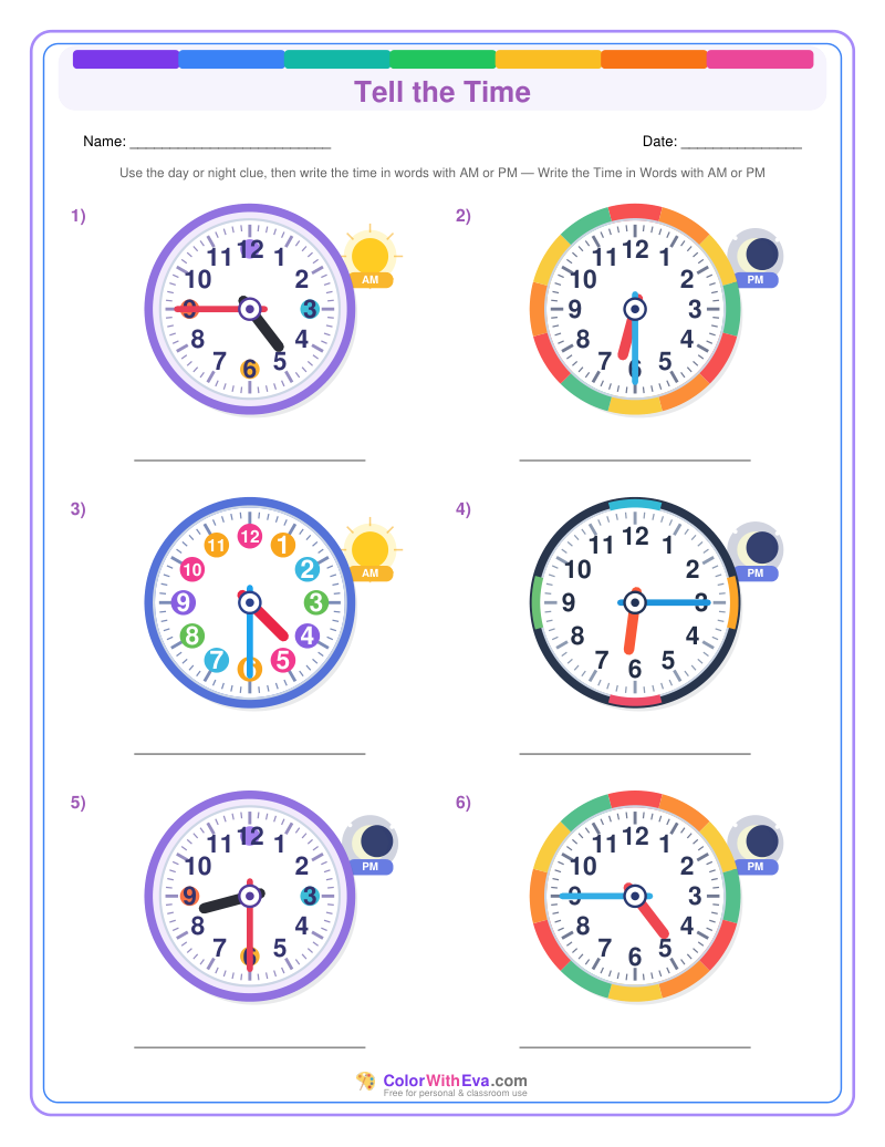 Telling Time: AM and PM in Words (Set 5) preview