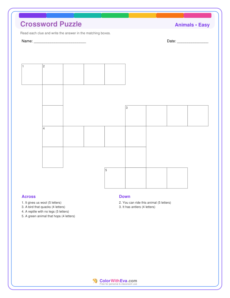 Animals Crossword Puzzle - Easy #1 preview
