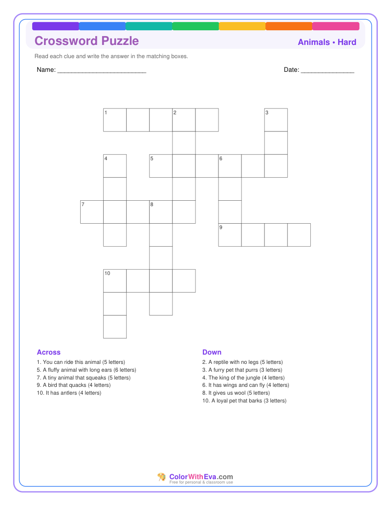 Animals Crossword Puzzle - Hard #1 preview