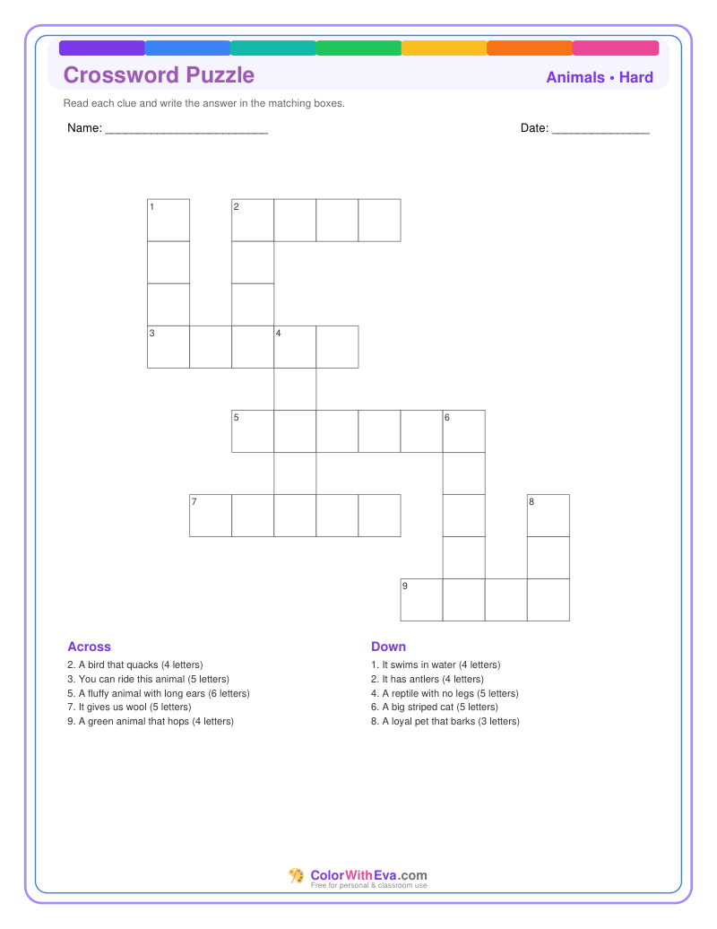 Animals Crossword Puzzle - Hard #2 preview