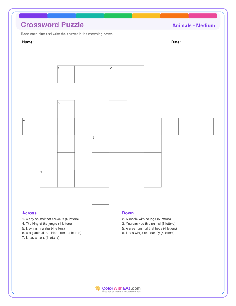 Animals Crossword Puzzle - Medium #1 preview