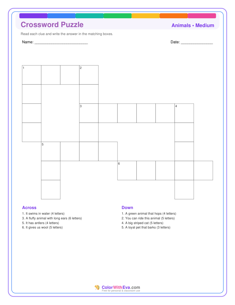 Animals Crossword Puzzle - Medium #2 preview