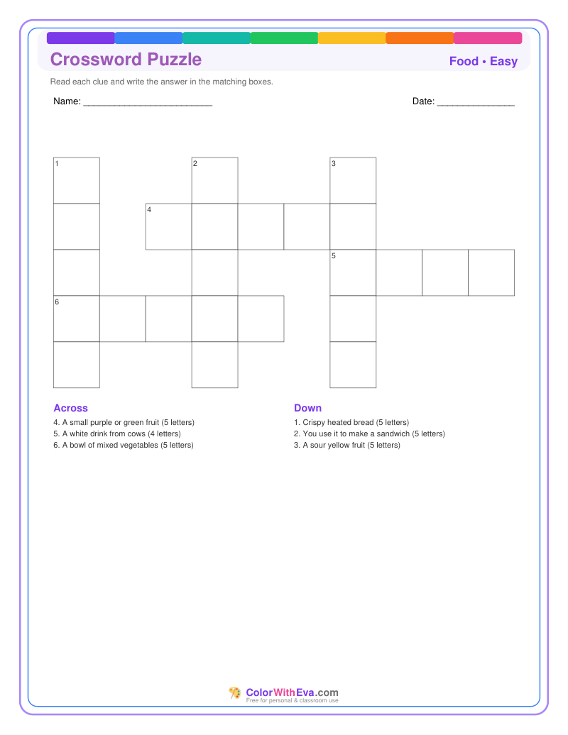 Food Crossword Puzzle - Easy #1 preview