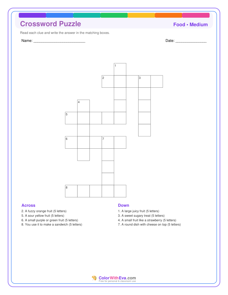 Food Crossword Puzzle - Medium #1 preview