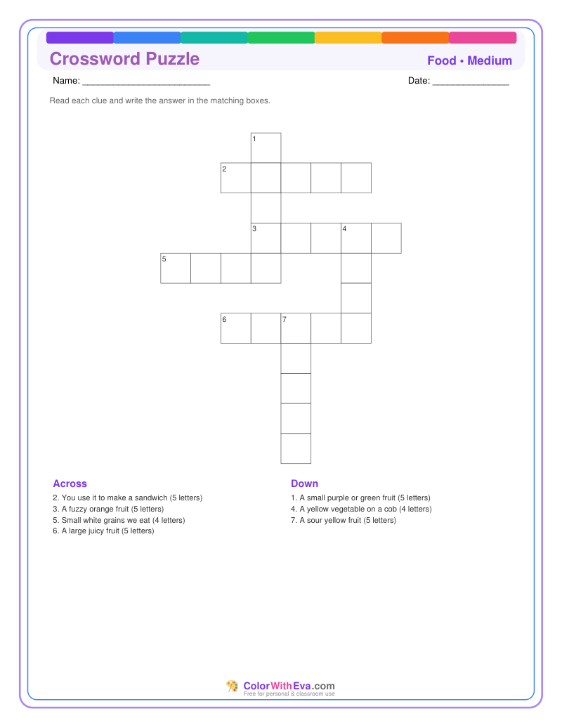 Food Crossword Puzzle – Medium #2 preview