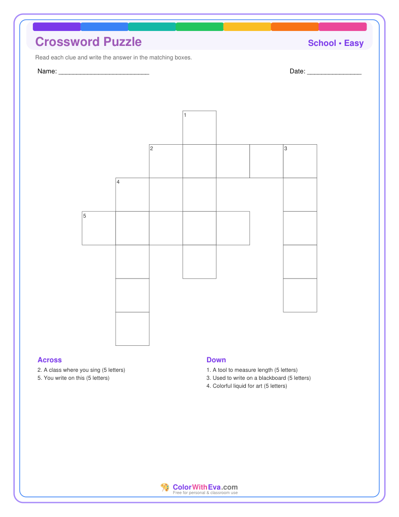 School Crossword Puzzle - Easy #1 preview