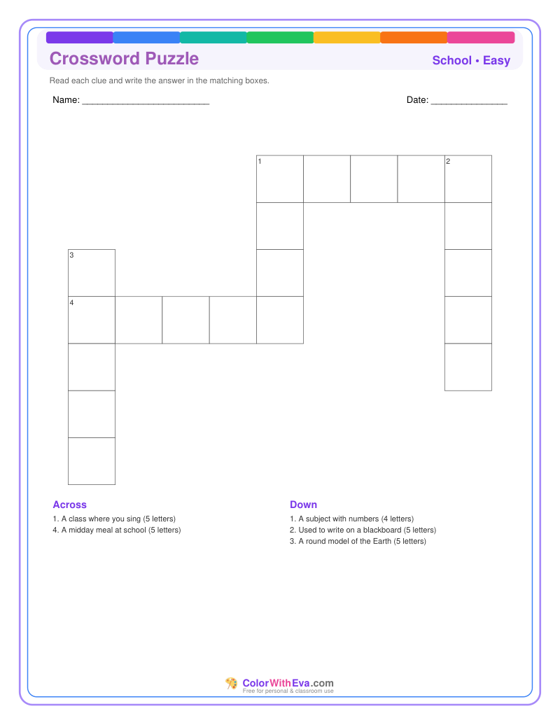 School Crossword Puzzle - Easy #2 preview
