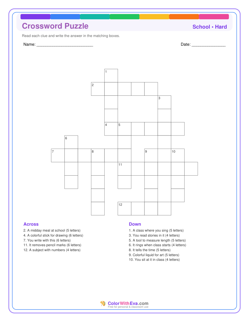 School Crossword Puzzle - Hard #1 preview