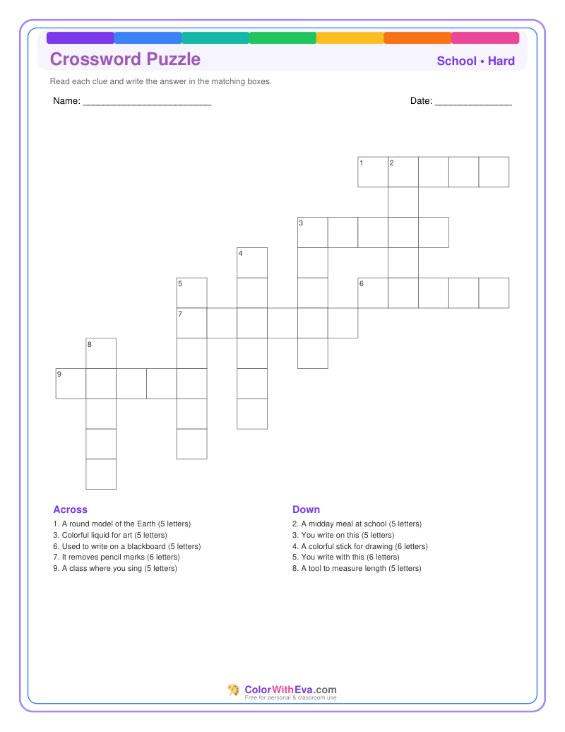 School Crossword Puzzle - Hard #2 preview