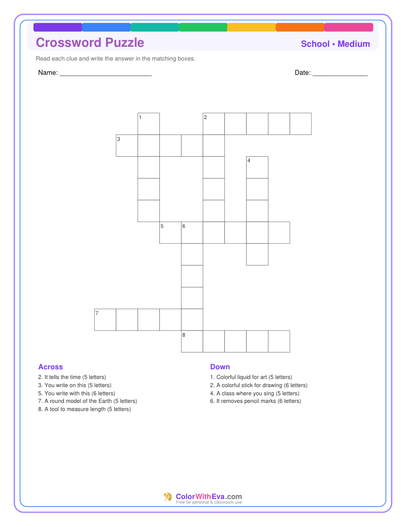 School Crossword Puzzle - Medium #1 preview