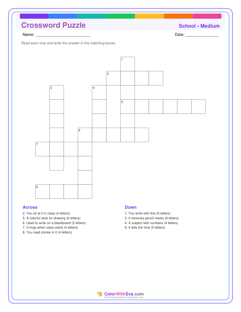 School Crossword Puzzle – Medium #2 preview