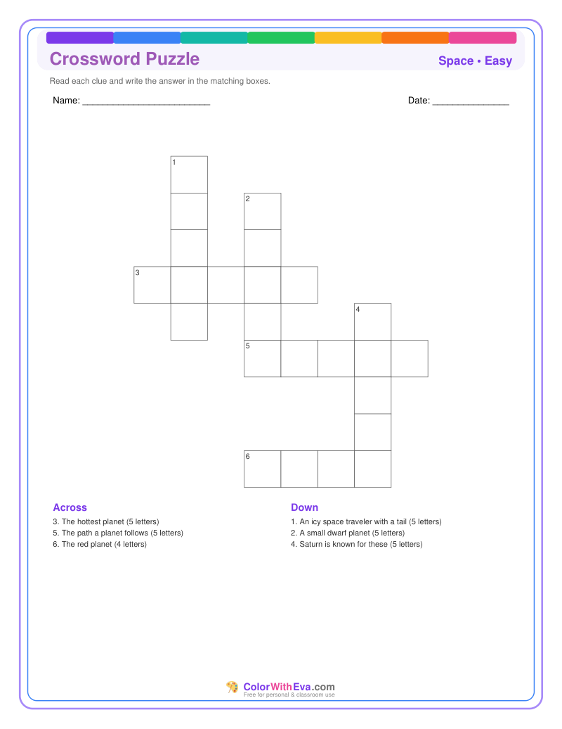 Space Crossword Puzzle - Easy #1 preview