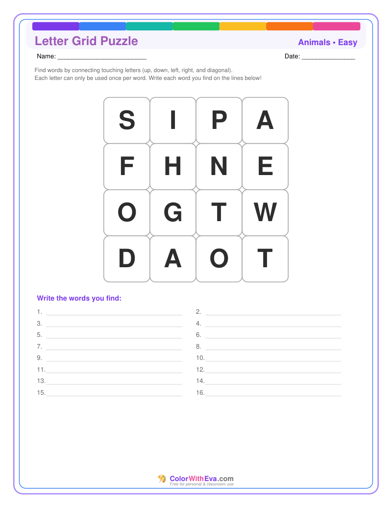 Animals Letter Grid – Easy #1 preview
