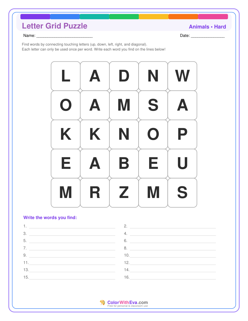 Animals Letter Grid – Hard #1 preview