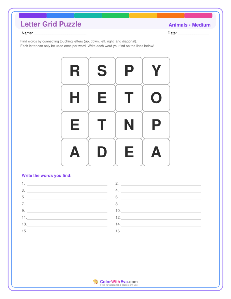 Animals Letter Grid – Medium #1 preview