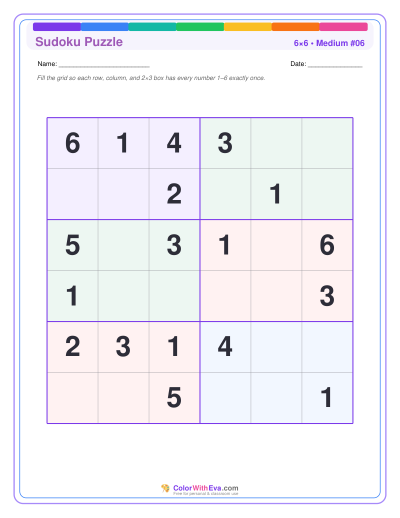 Sudoku 6×6 – Medium #06 preview