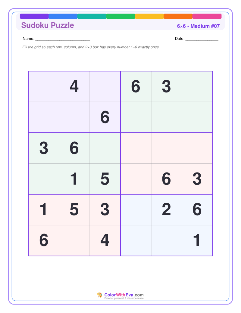 Sudoku 6×6 – Medium #07 preview