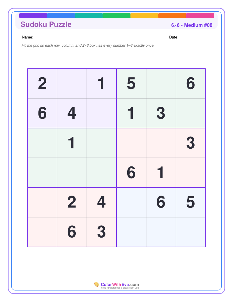 Sudoku 6×6 – Medium #08 preview