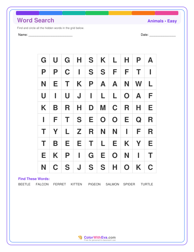 Animals Word Search – Easy #1 preview