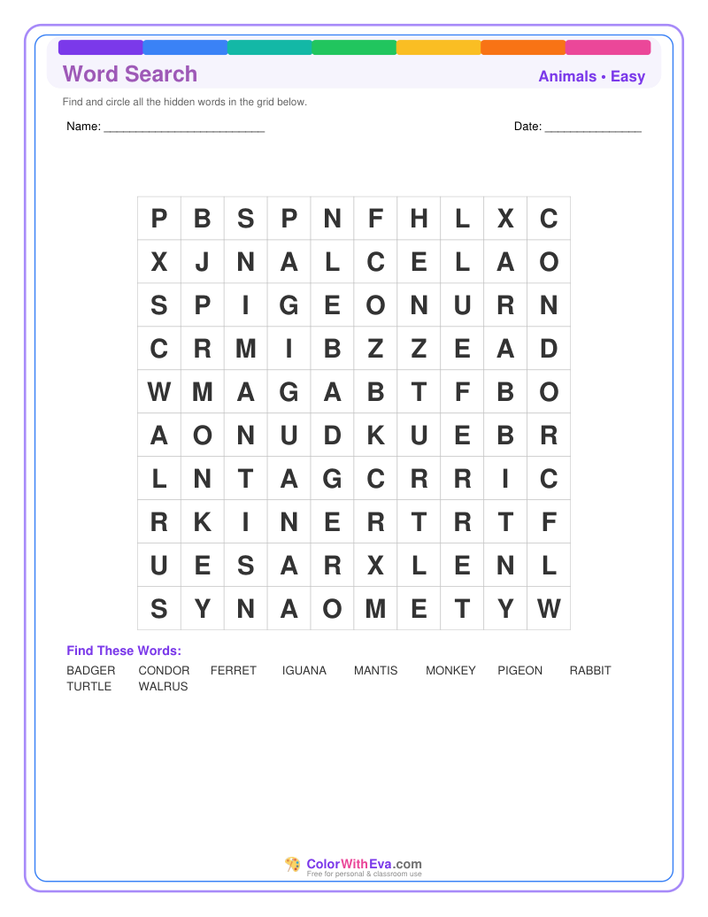 Animals Word Search – Easy #2 preview