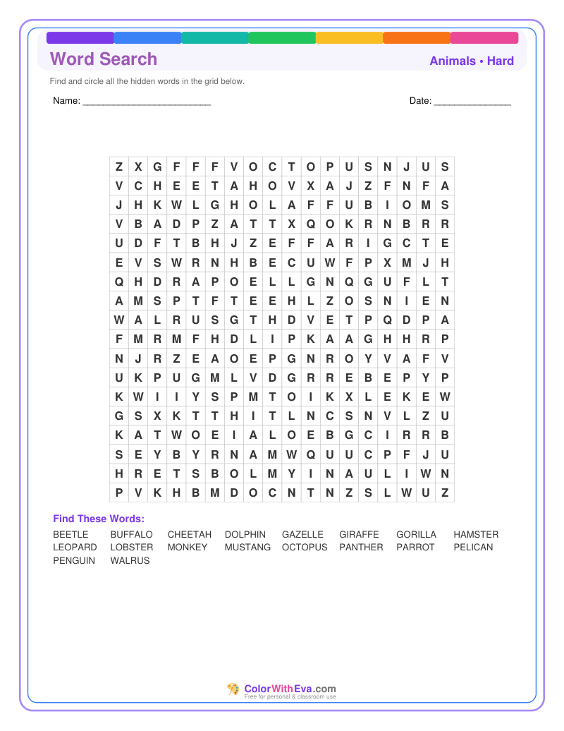 Animals Word Search – Hard #1 preview