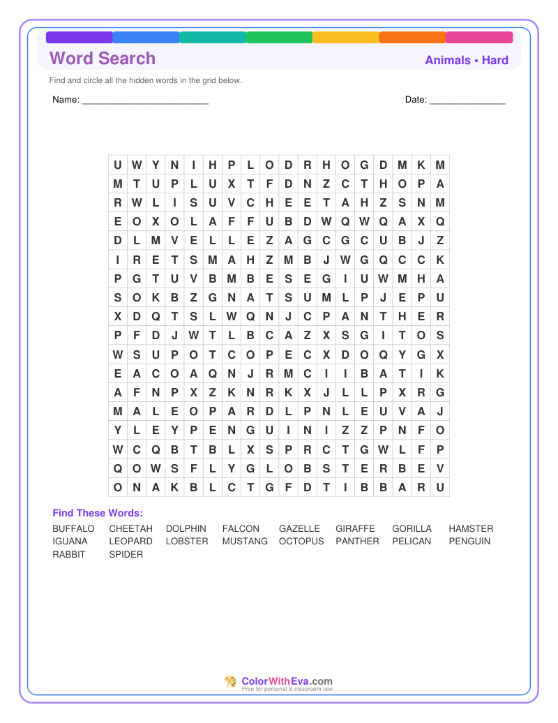 Animals Word Search – Hard #2 preview