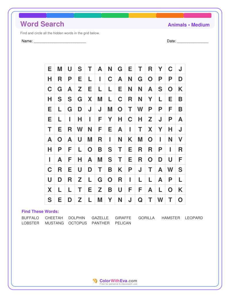Animals Word Search – Medium #1 preview