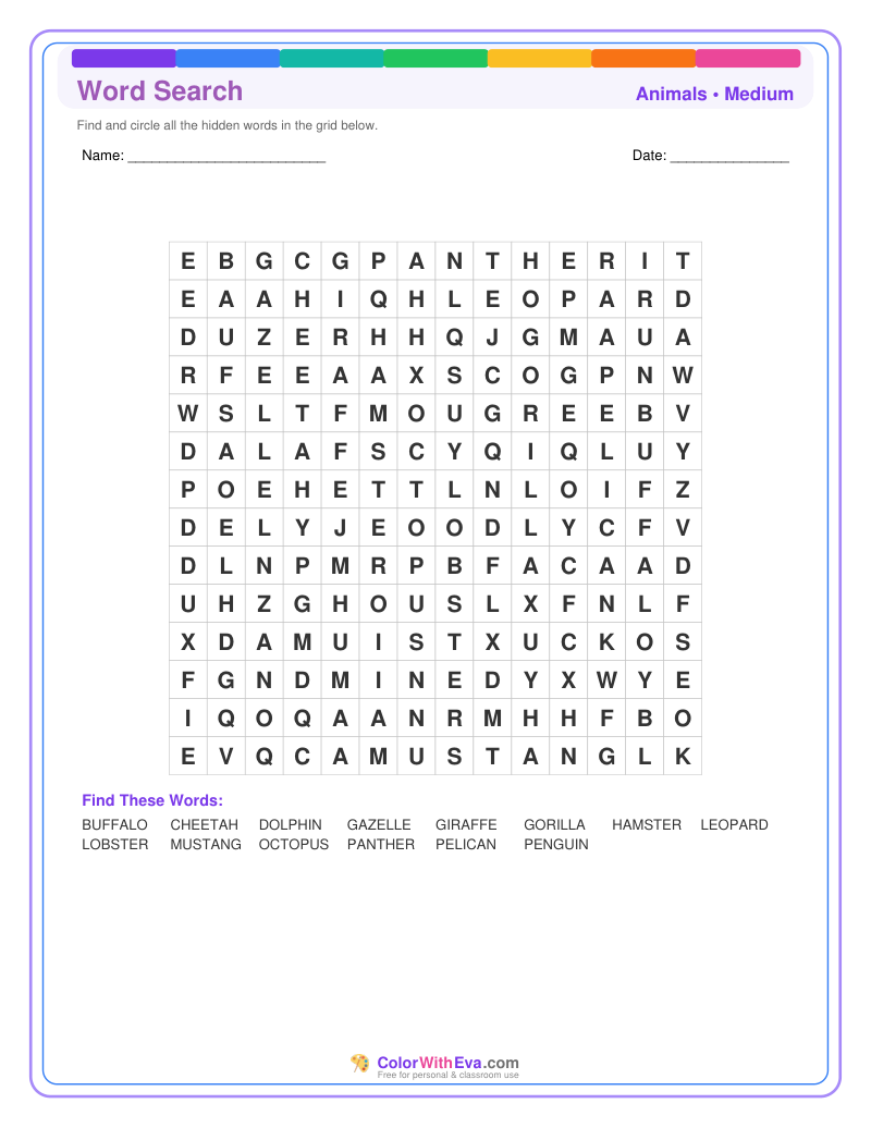 Animals Word Search – Medium #2 preview