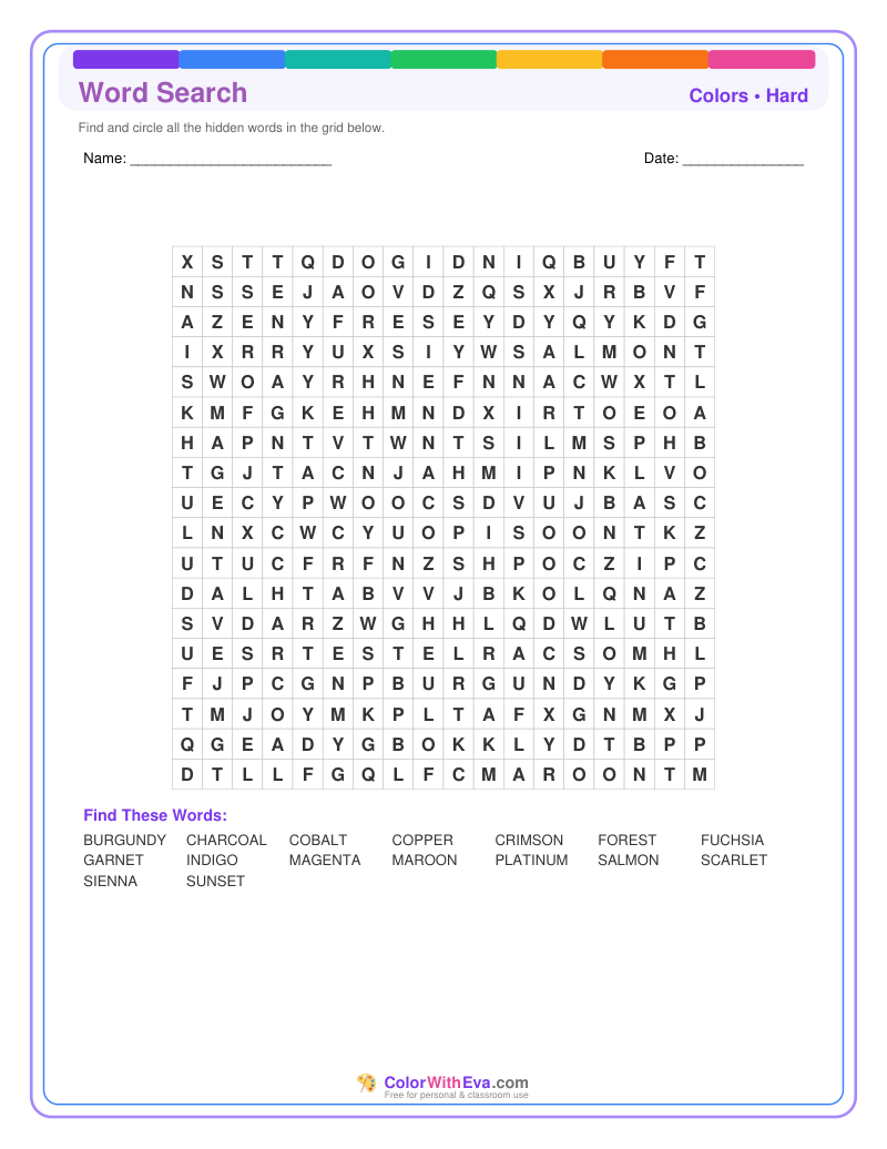 Colors Word Search – Hard #1 preview