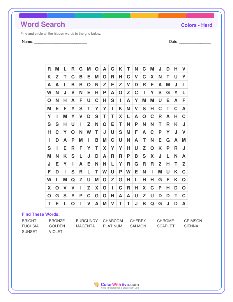 Colors Word Search – Hard #2 preview