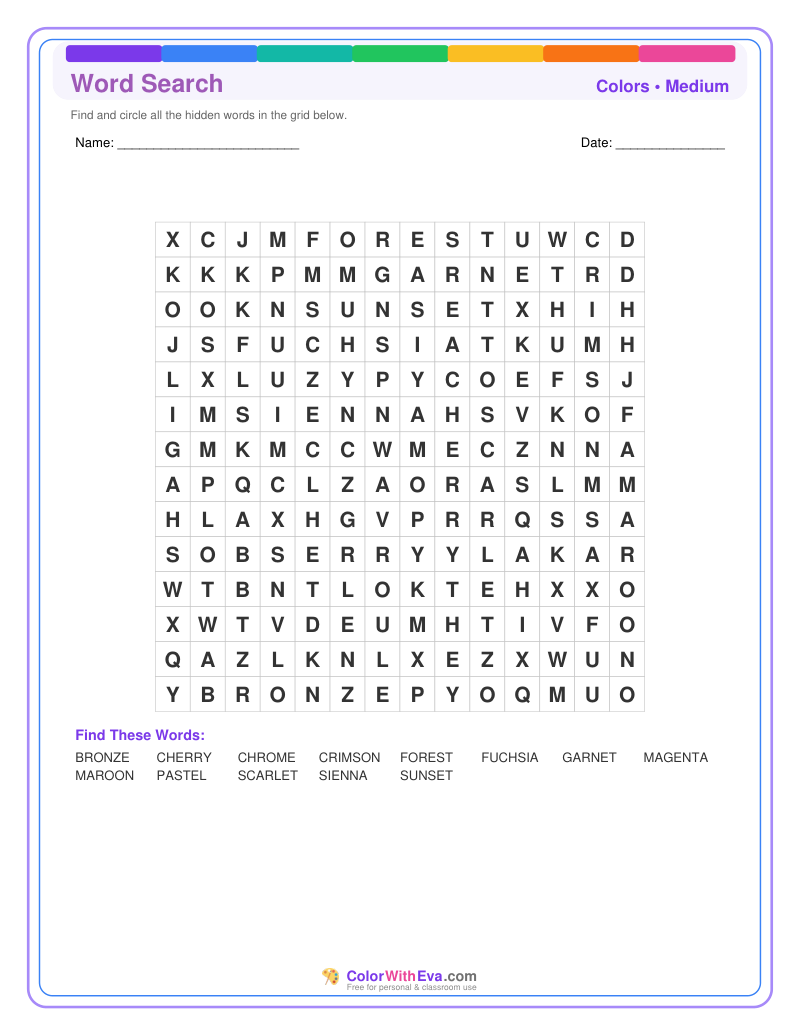 Colors Word Search – Medium #1 preview