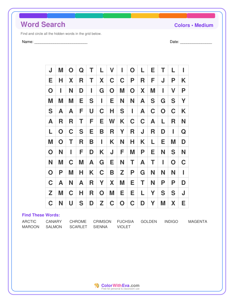 Colors Word Search – Medium #2 preview
