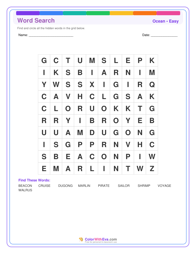 Ocean Word Search – Easy #1 preview