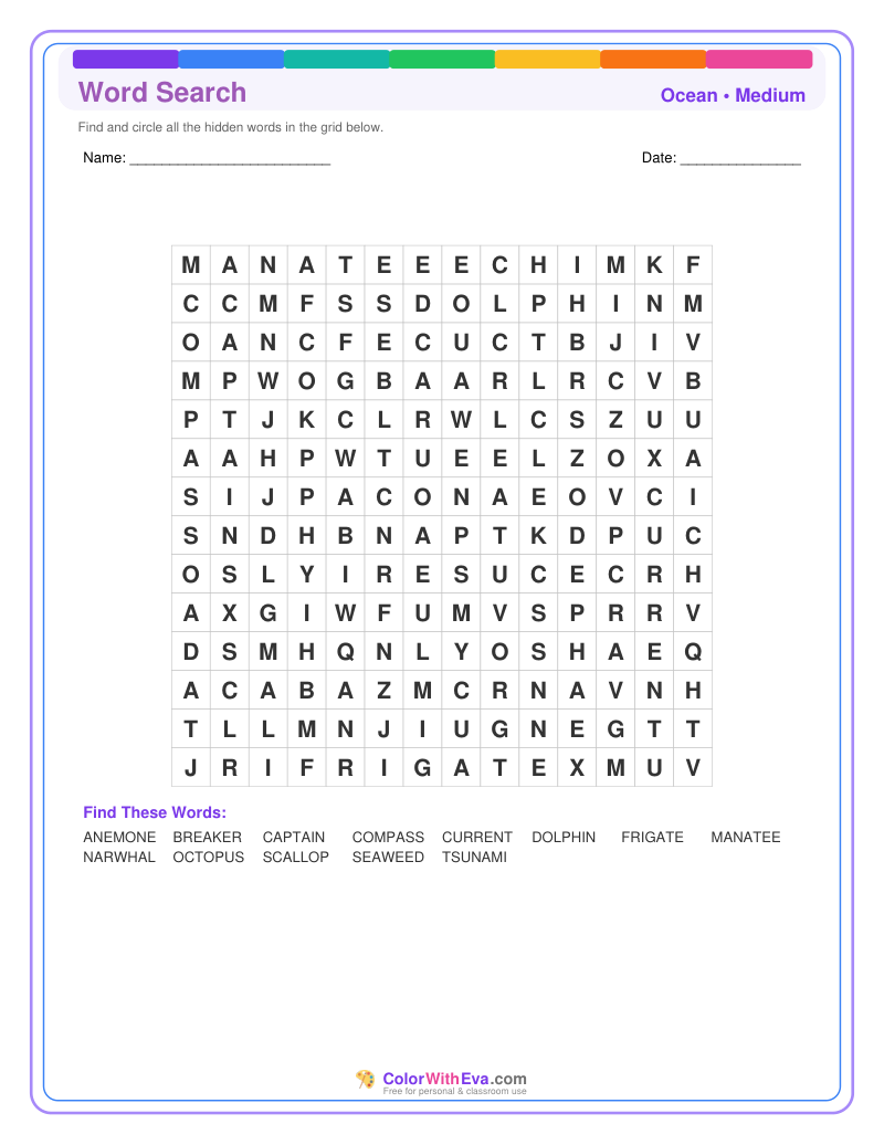 Ocean Word Search – Medium #1 preview