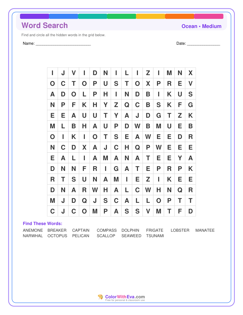 Ocean Word Search – Medium #2 preview