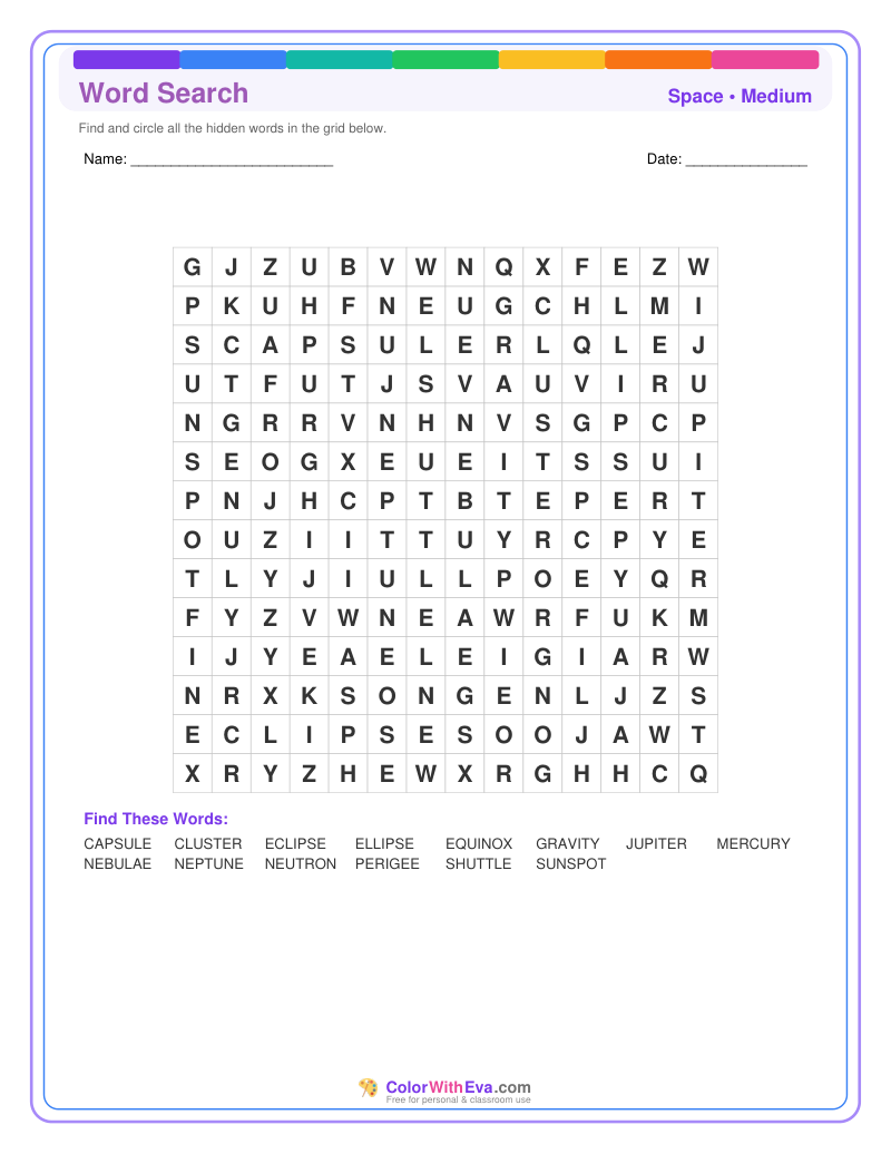 Space Word Search – Medium #1 preview